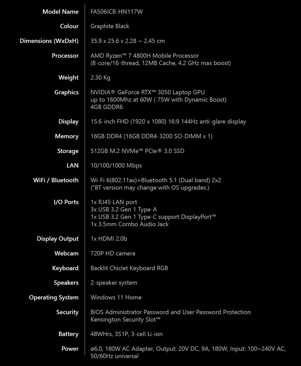 Asus TUF Gaming A15 15.6" FHD 144Hz , Ryzen 7 Notebook specs