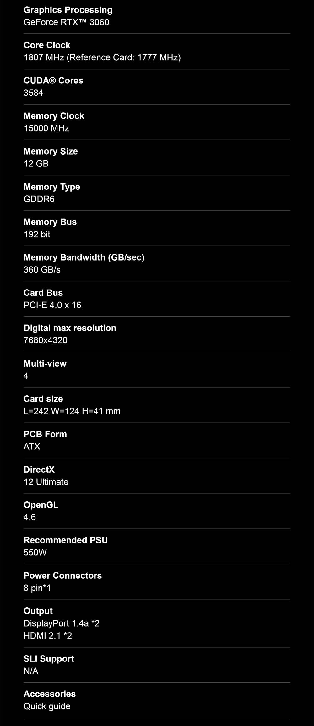 Gigabyte Nvidia GeForce 12GB OC RTX 3060 EAGLE specs