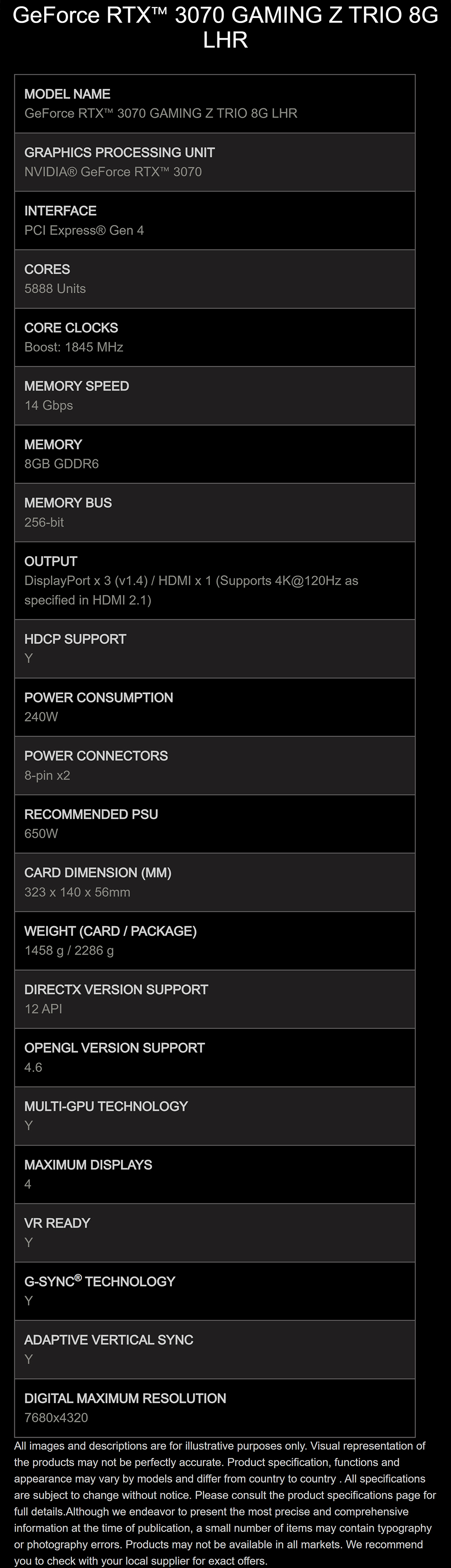 MSI GeForce RTX 3070 GAMING Z TRIO 8G LHR RTX3070 specs
