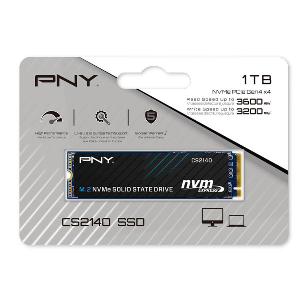 PNY CS2140 1TB NVMe SSD Gen4 3600MB/s 3200MB/s R/W 400TBW 445K/550K IOPS 1.5M hrs MTBF TCG Opal Encryption 5yrs