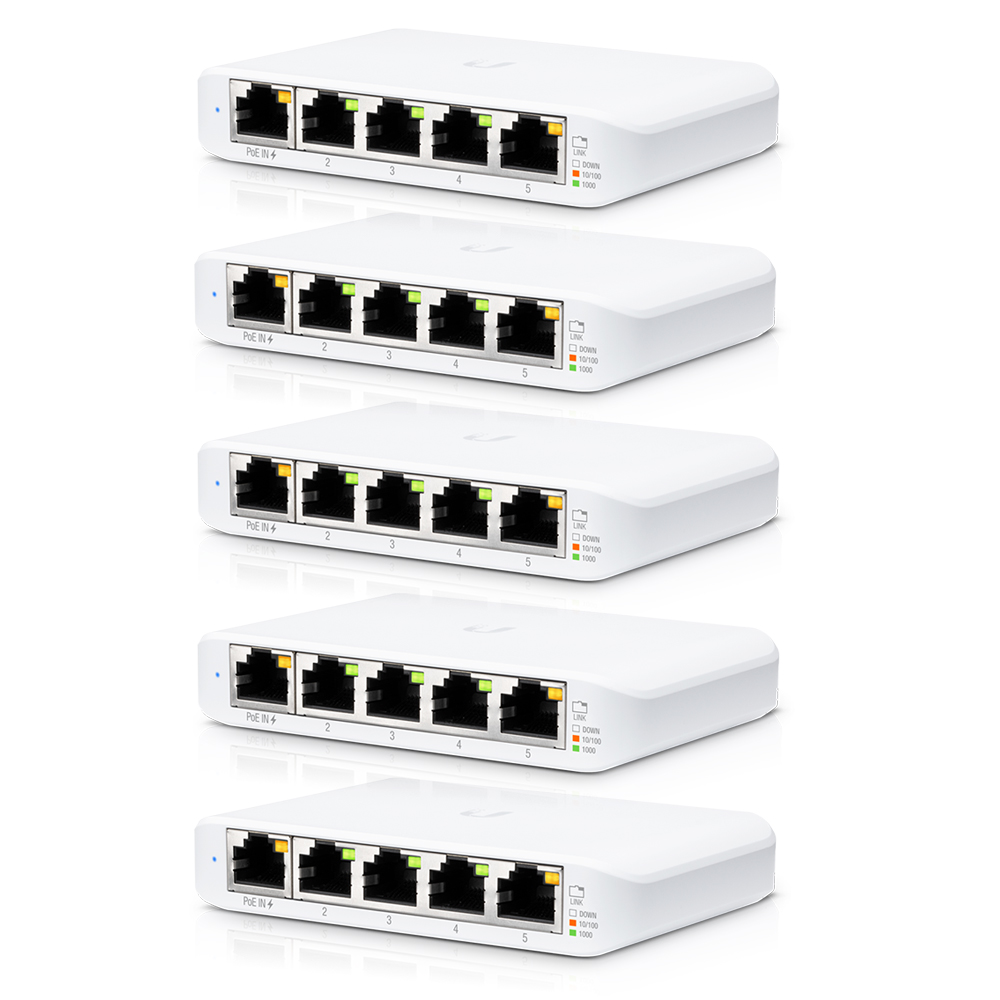 Ubiquiti USW Flex Mini 5 Pack - Managed, UniFi, Layer 2 Gigabit, 5x GbE RJ45 Ports, Power Via PoE (802.3af) /USB Type-C 5V 1A, No PSU, Incl 2Yr Warr