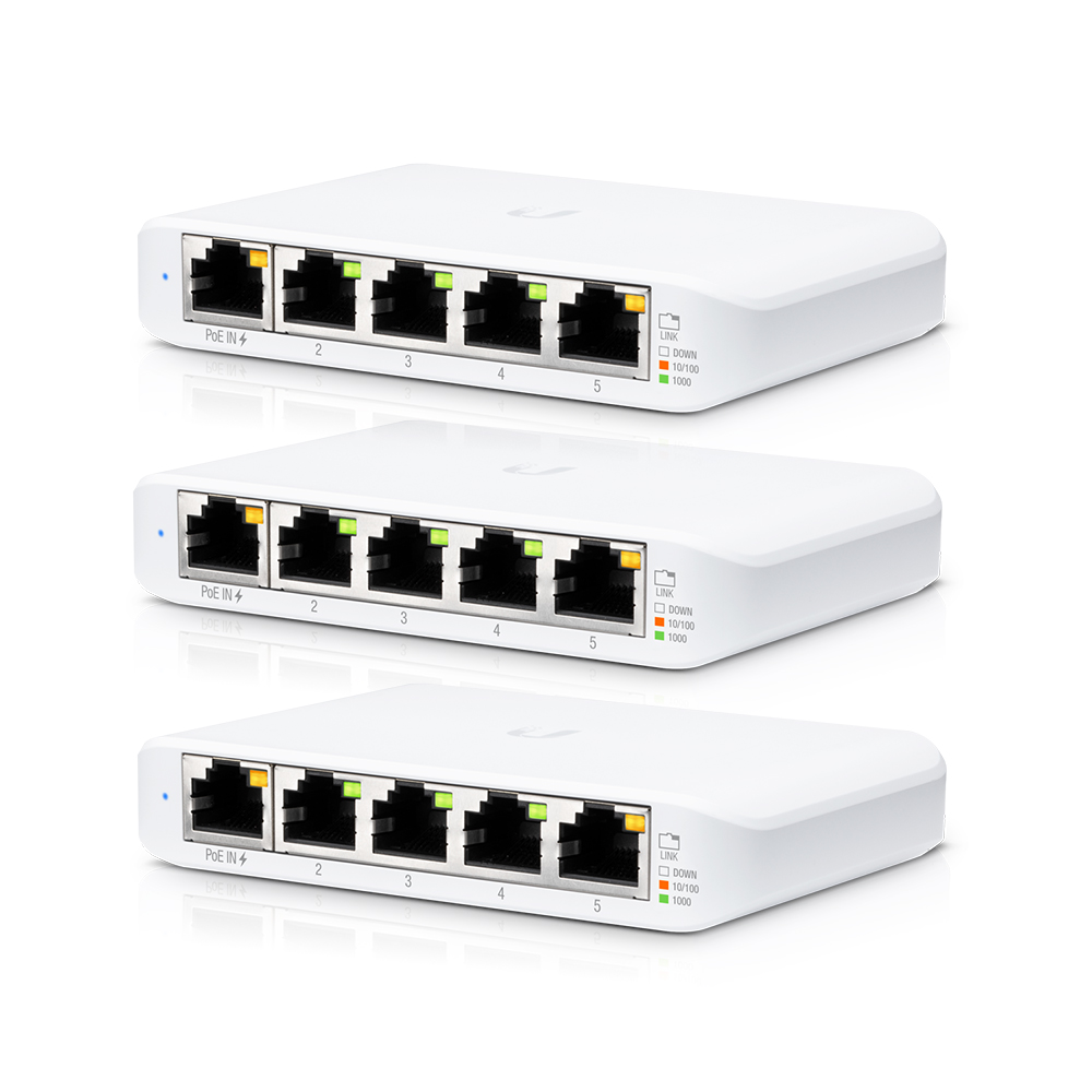 Ubiquiti USW Flex Mini 3 Pack - Managed, UniFi, Layer 2 Gigabit Switch, 5x GbE RJ45 Ports, PoE (802.3af) or USB Type-C 5V 1A, No PSU, Incl 2Yr Warr