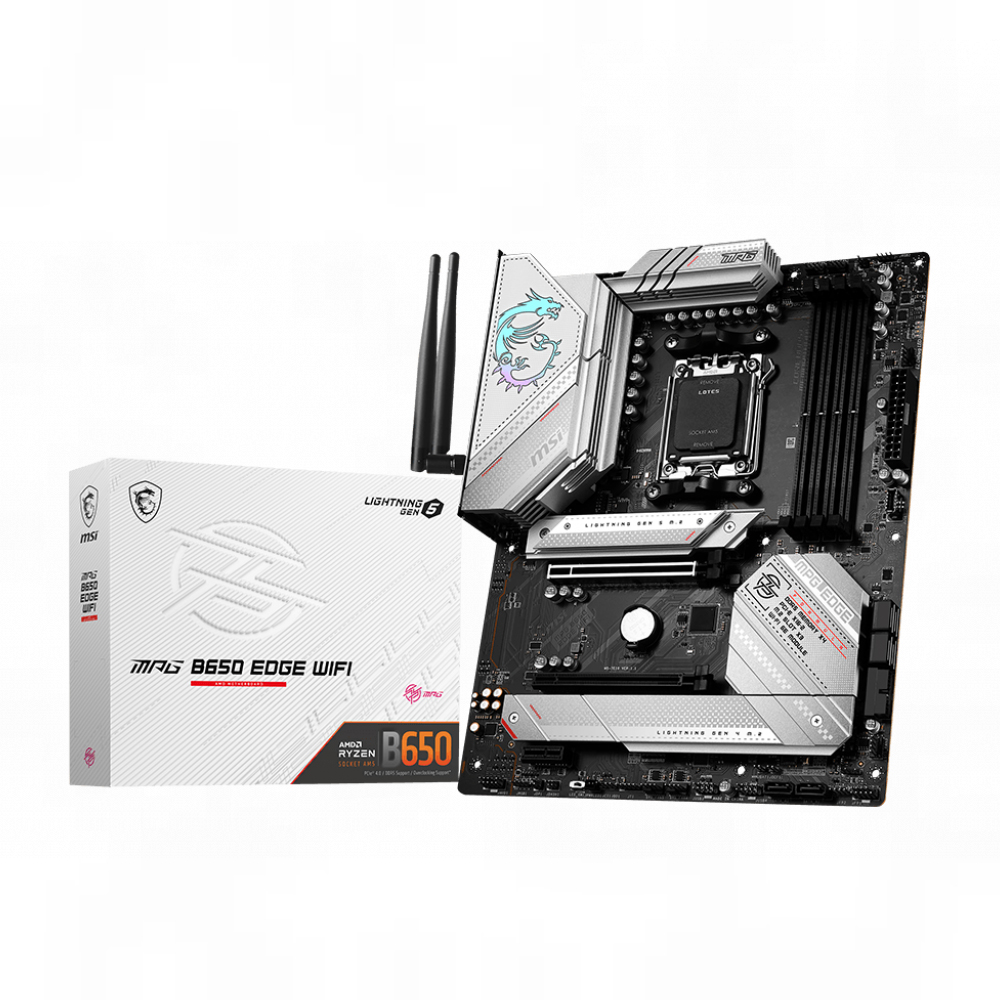 MSI MPG B650 EDGE WIFI AMD AM5 ATX Motherboard, 4x DDR5 ~128GB, 2x PCI-E x16, 1x PCI-E x1, 3x M.2, 6x SATA, 2x USB2.0, 7x USB 3.2, 1x USB-C